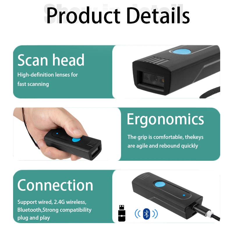 Mini Pocket Barcode Scanner Wireless Bluetooth Instant Upload or storage Mode Optional Support IOS Android Windows System