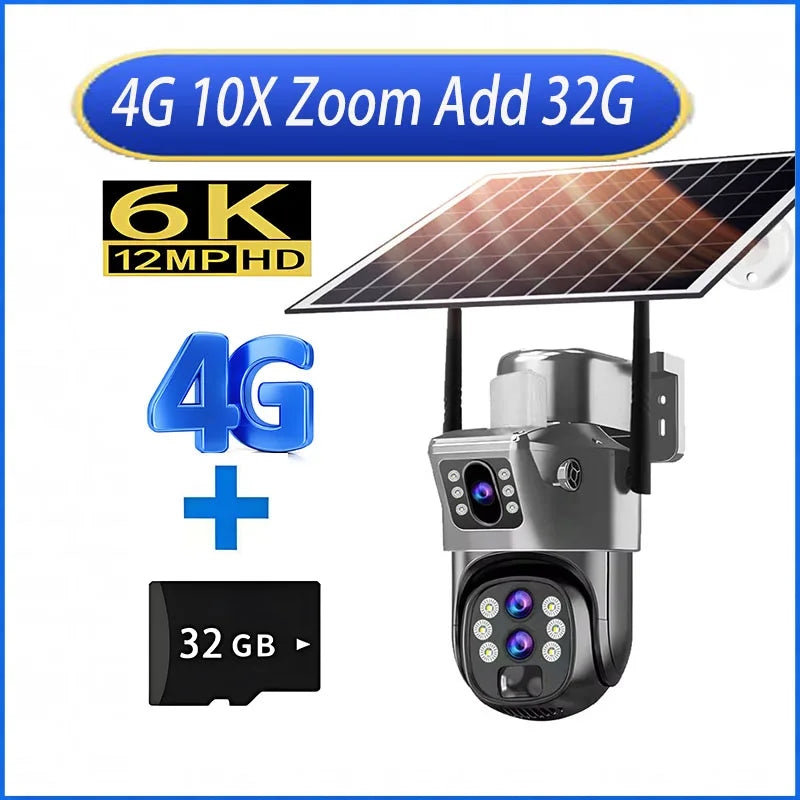 10X Zoom 4G SIM Card Outdoor Solar Camera Three Lens 6K 12MP Wireless PTZ Surveillance CCTV PIR Motion Detection Security Camera