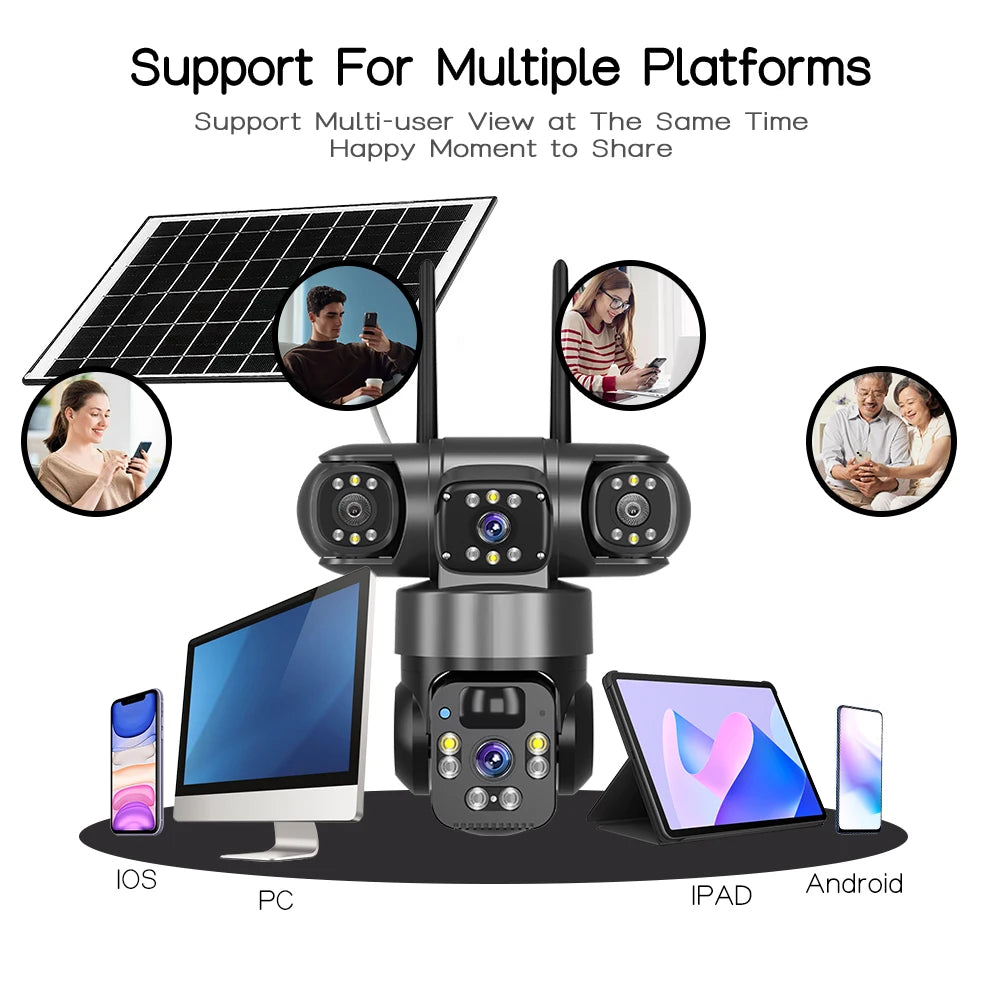 6K 12MP 4G SIM Solar Camera Outdoor 3 Lens 3 Screen Surveillance CCTV PTZ Human Detect Auto Tracking Solar Security Camera V380