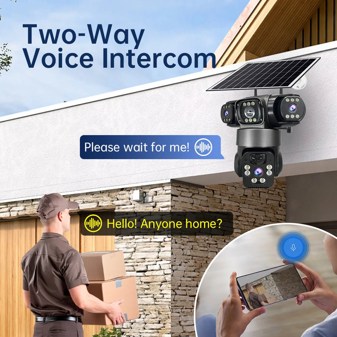 6K 12MP 4G SIM Solar Camera Outdoor 3 Lens 3 Screen Surveillance CCTV PTZ Human Detect Auto Tracking Solar Security Camera V380