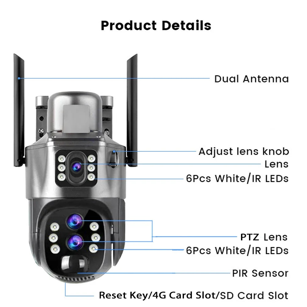 10X Zoom 4G SIM Card Outdoor Solar Camera Three Lens 6K 12MP Wireless PTZ Surveillance CCTV PIR Motion Detection Security Camera