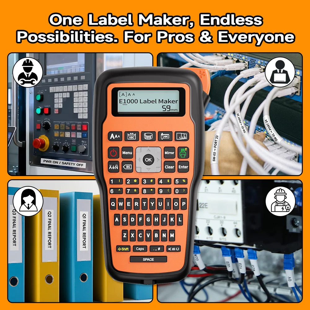 E1000 PRO Label Maker Machine with Tape Multiple Font Icon for for Electrician Factory Office Asset Management, USB-C for Powe