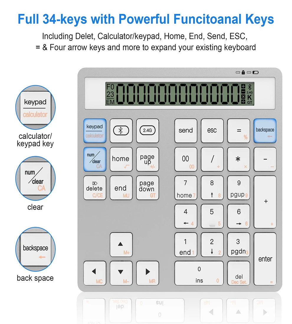 2.4G Wireless Bluetooth Numeric Keyboard with Screen Display Calculator 2 in1 Portable Wireless Number Keypad for Win/Mac
