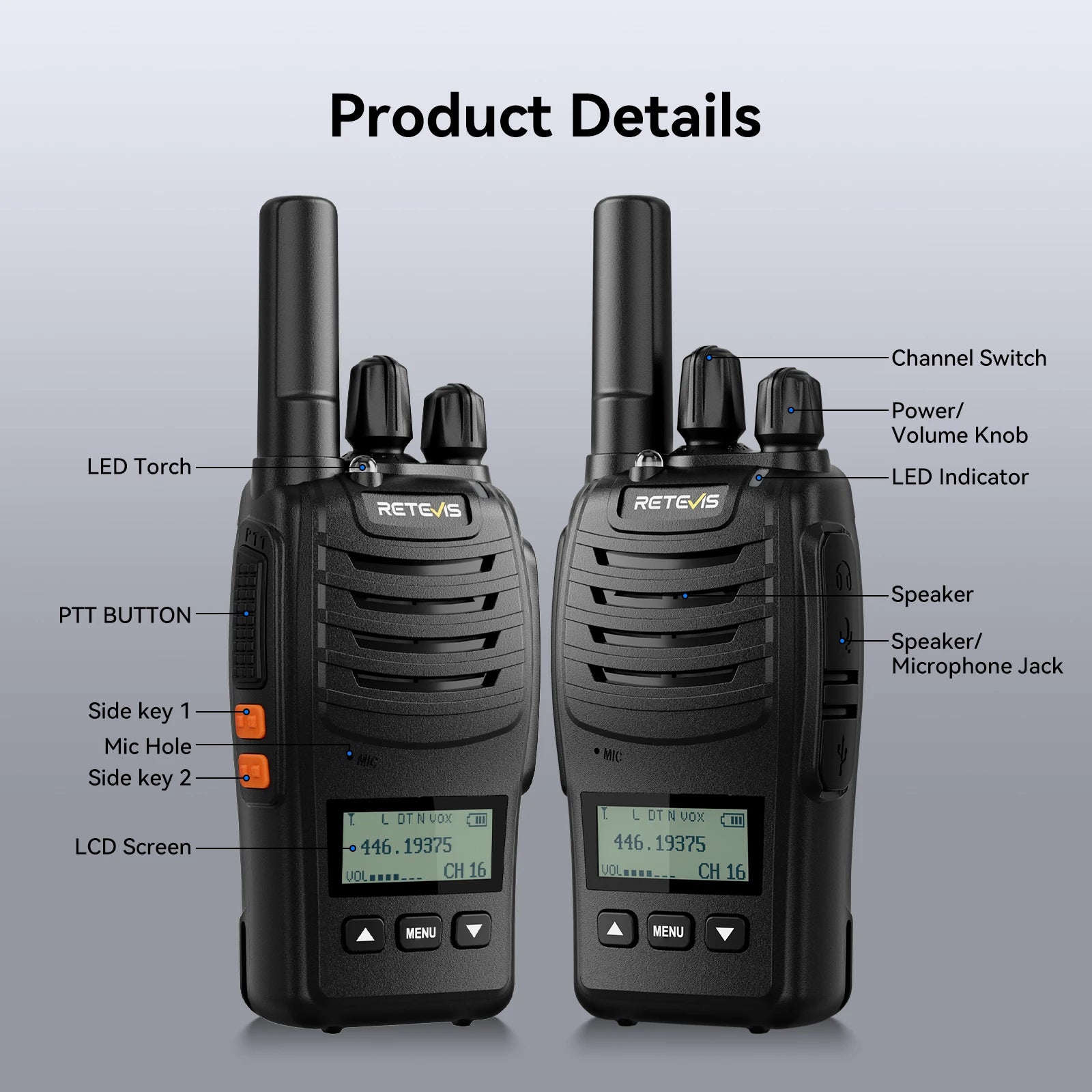 Retevis H777D (H777 Upgraded）Walkie Talkie Portable License Free LCD Display Radio Long Range Type-C Walkie-Talkies for Camping