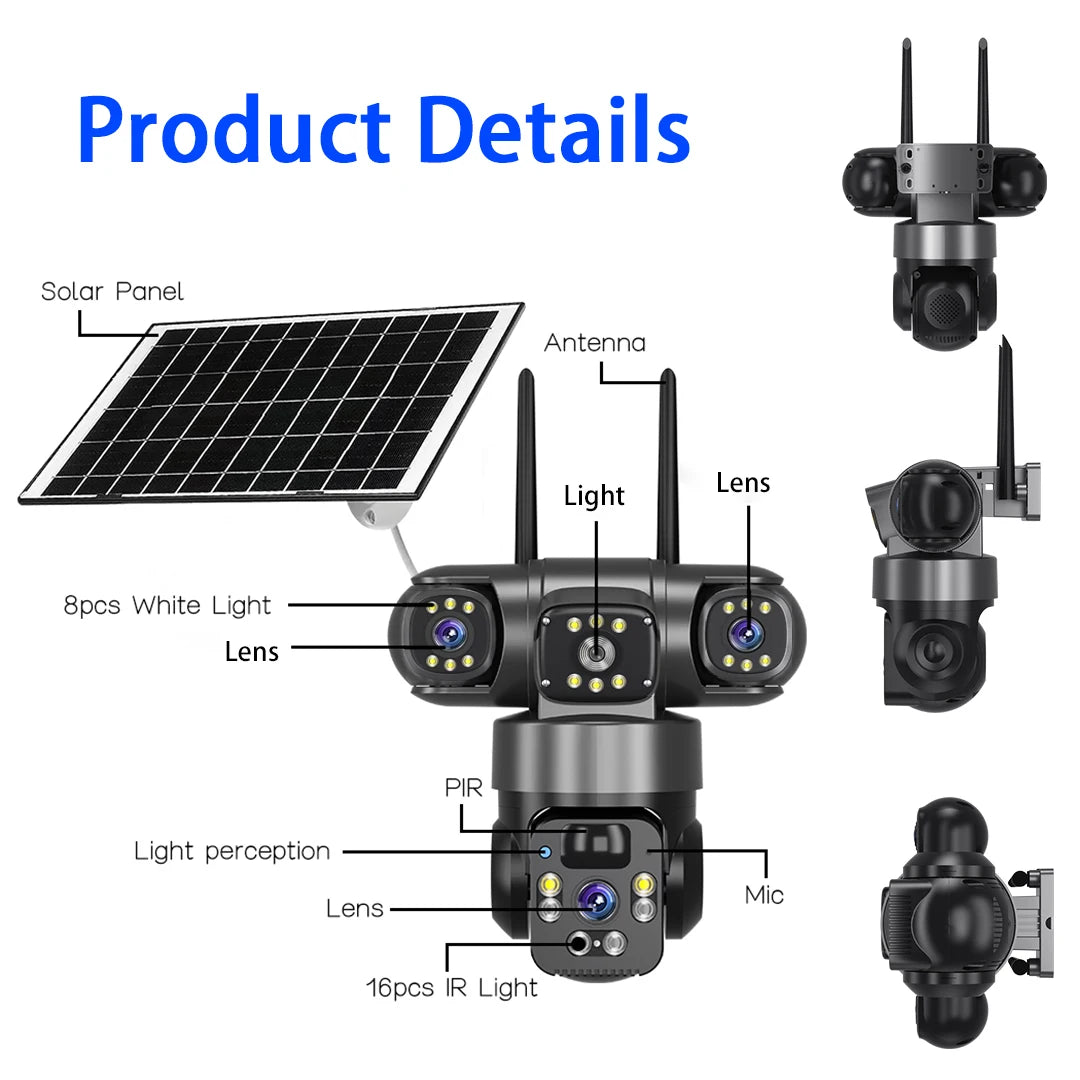 6K 12MP 4G SIM Solar Camera Outdoor 3 Lens 3 Screen Surveillance CCTV PTZ Human Detect Auto Tracking Solar Security Camera V380