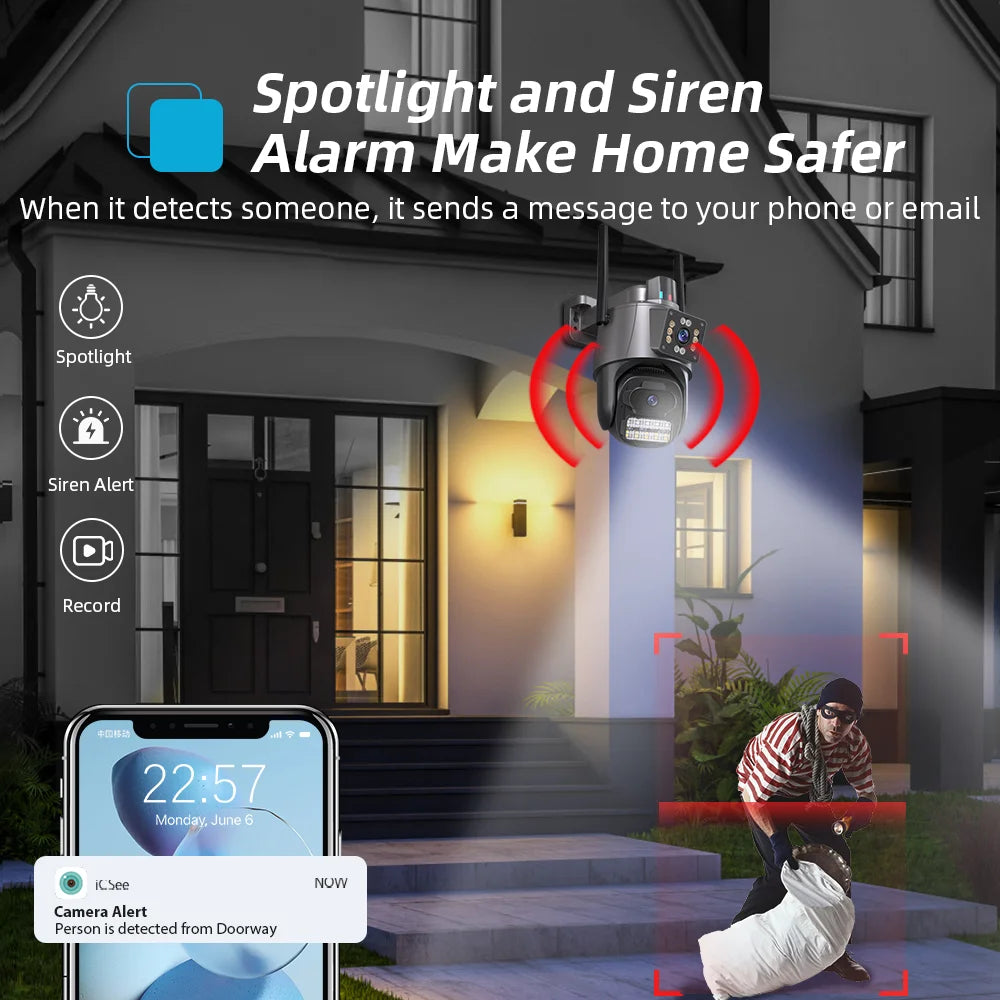 4K HD Dual Lens WIFI Camera 2K Dual Screen PTZ Camera Outdoor Auto Tracking Security Camera Waterproof Surveillance ICSEE