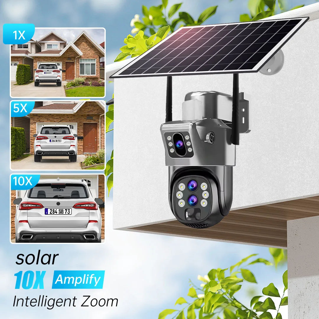 10X Zoom 4G SIM Card Outdoor Solar Camera Three Lens 6K 12MP Wireless PTZ Surveillance CCTV PIR Motion Detection Security Camera