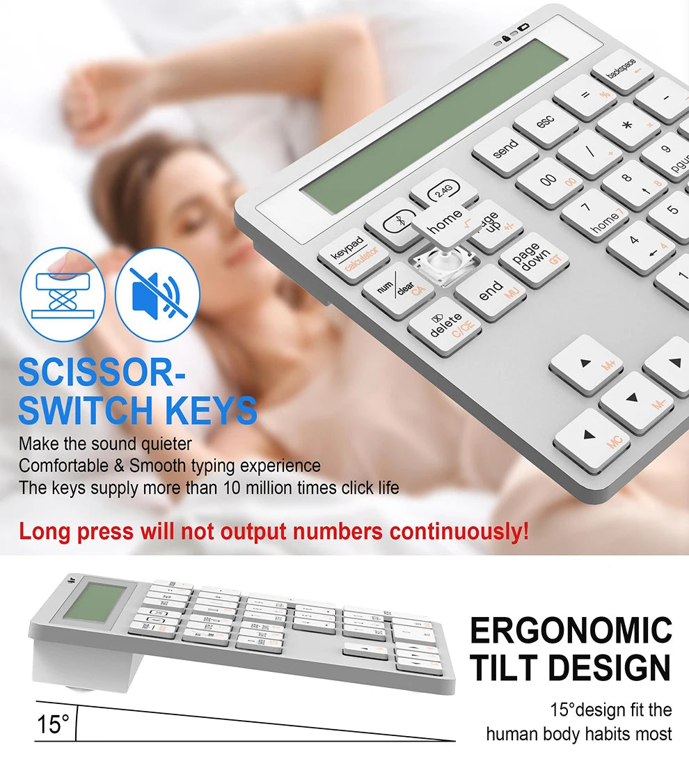 2.4G Wireless Bluetooth Numeric Keyboard with Screen Display Calculator 2 in1 Portable Wireless Number Keypad for Win/Mac