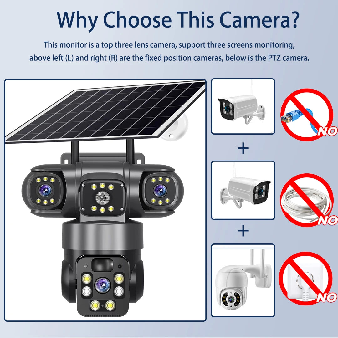 6K 12MP 4G SIM Solar Camera Outdoor 3 Lens 3 Screen Surveillance CCTV PTZ Human Detect Auto Tracking Solar Security Camera V380