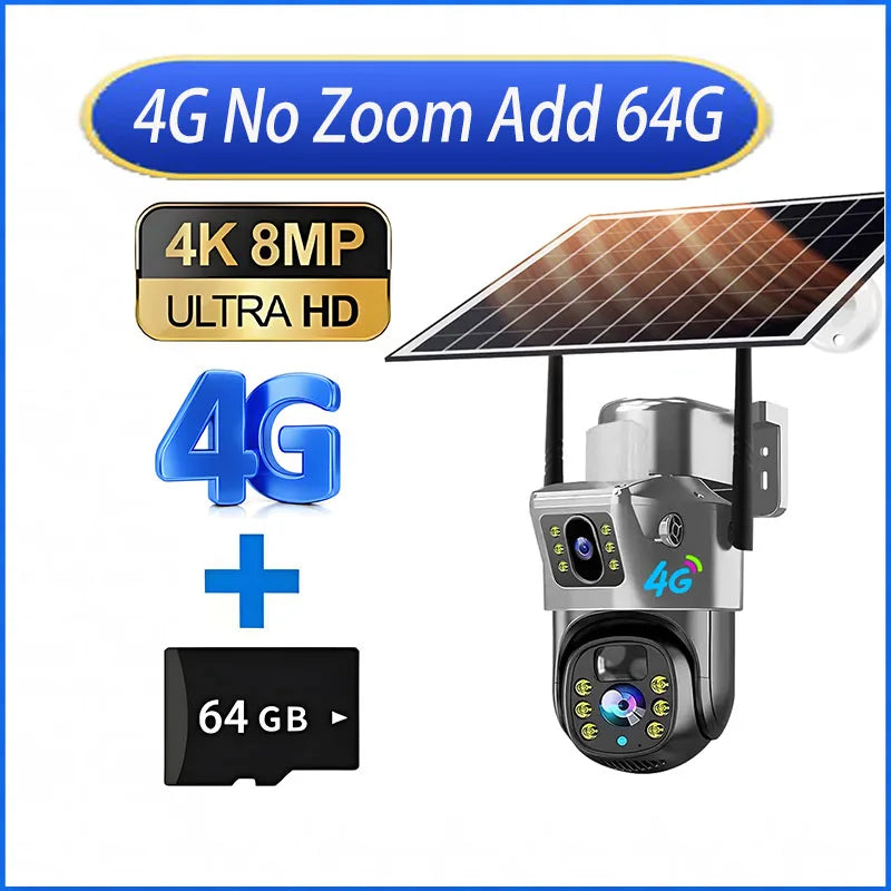 10X Zoom 4G SIM Card Outdoor Solar Camera Three Lens 6K 12MP Wireless PTZ Surveillance CCTV PIR Motion Detection Security Camera