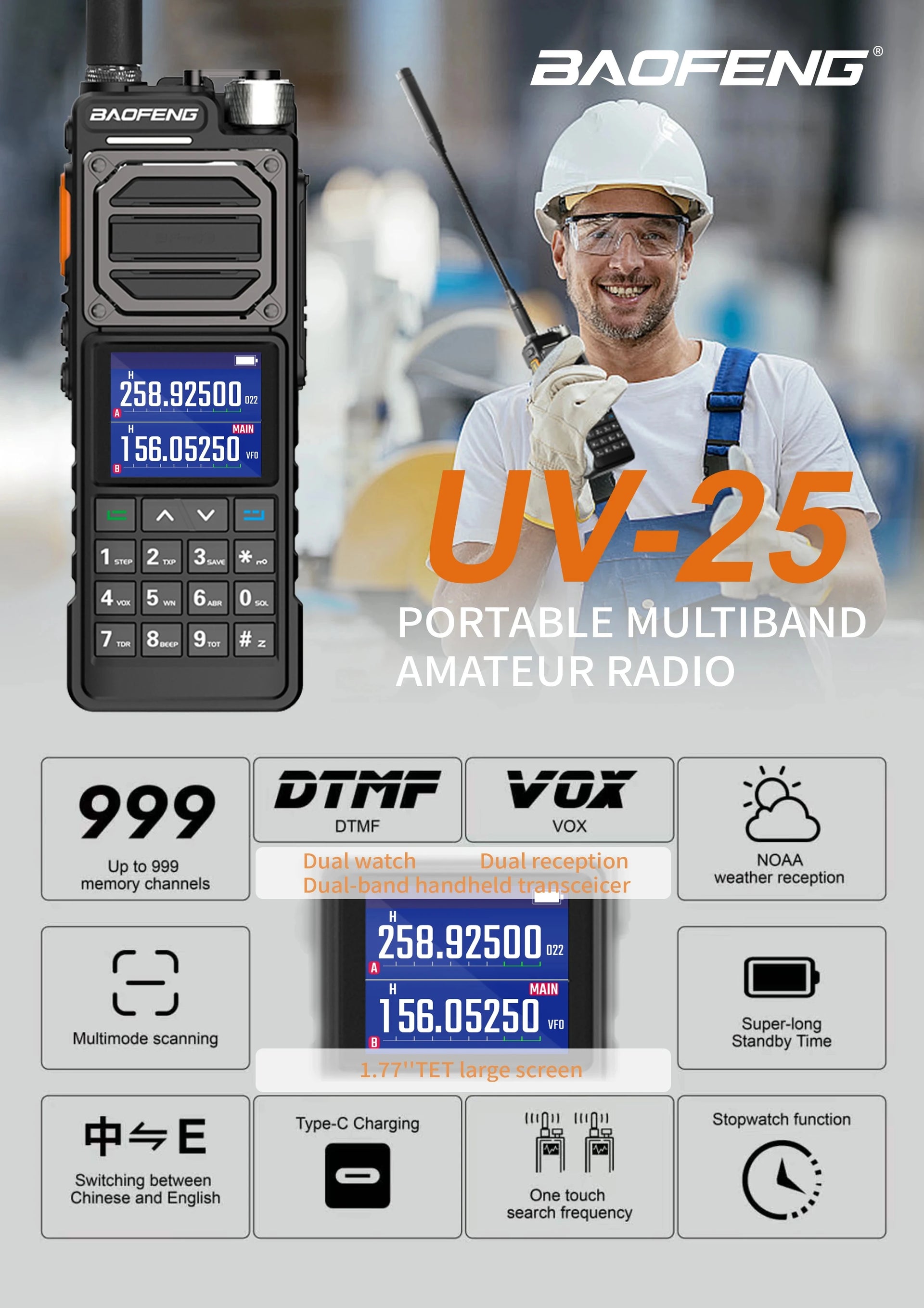 BAOFENG UV-25 10W Tactical Walkie Talkie Wireless Copy Frequency Type-C Profesional Two Way Ham Radio HF Transceiver NEW Upgrade
