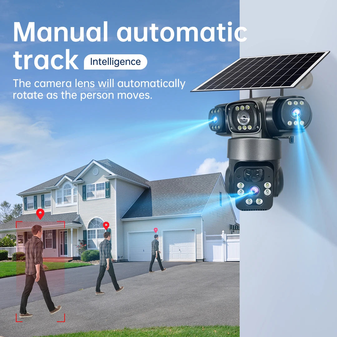 6K 12MP 4G SIM Solar Camera Outdoor 3 Lens 3 Screen Surveillance CCTV PTZ Human Detect Auto Tracking Solar Security Camera V380