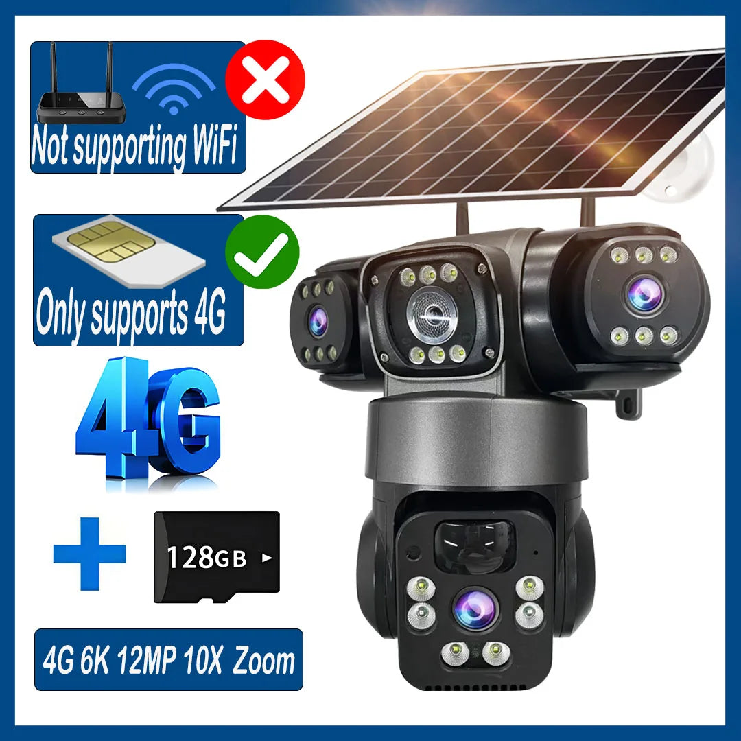 6K 12MP 4G SIM Solar Camera Outdoor 3 Lens 3 Screen Surveillance CCTV PTZ Human Detect Auto Tracking Solar Security Camera V380
