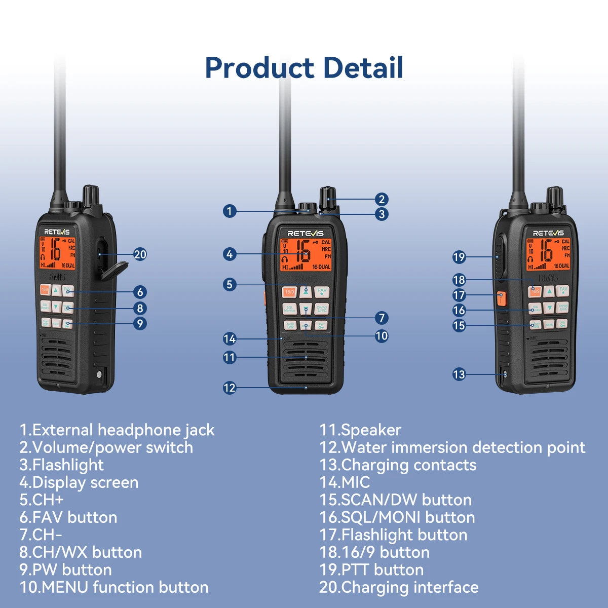Retevis RM15 Marine Radio Transceiver VHF IP68 Waterproof Floating Radio handheld Portable Long Range Walkie Talkies for Boating