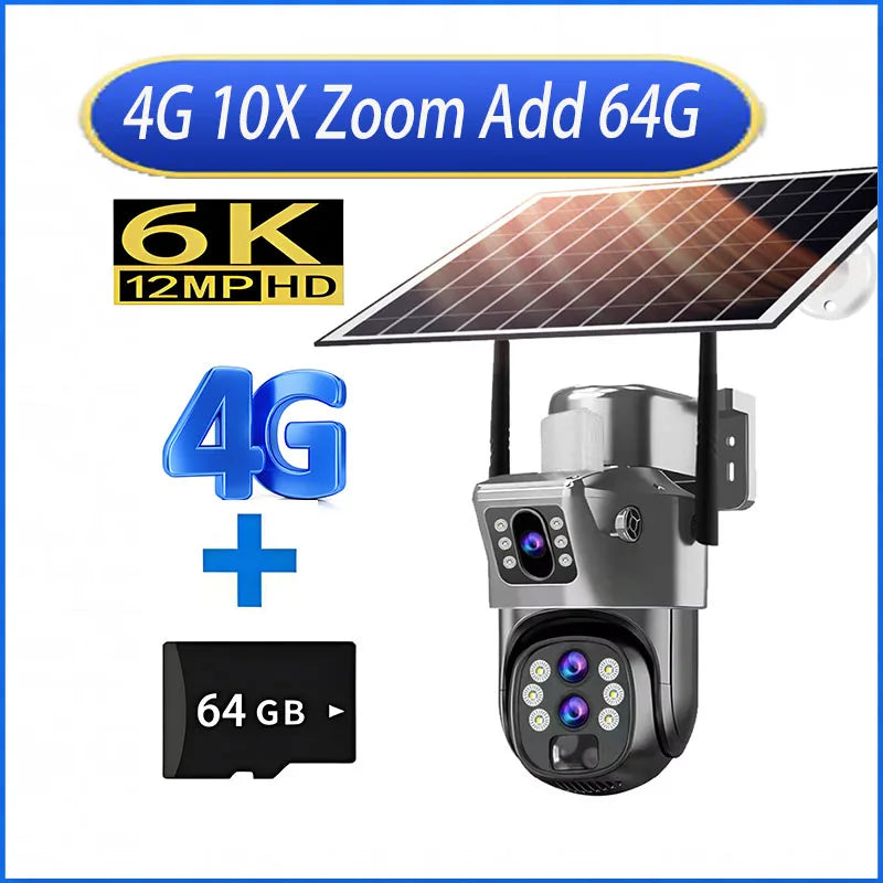 10X Zoom 4G SIM Card Outdoor Solar Camera Three Lens 6K 12MP Wireless PTZ Surveillance CCTV PIR Motion Detection Security Camera