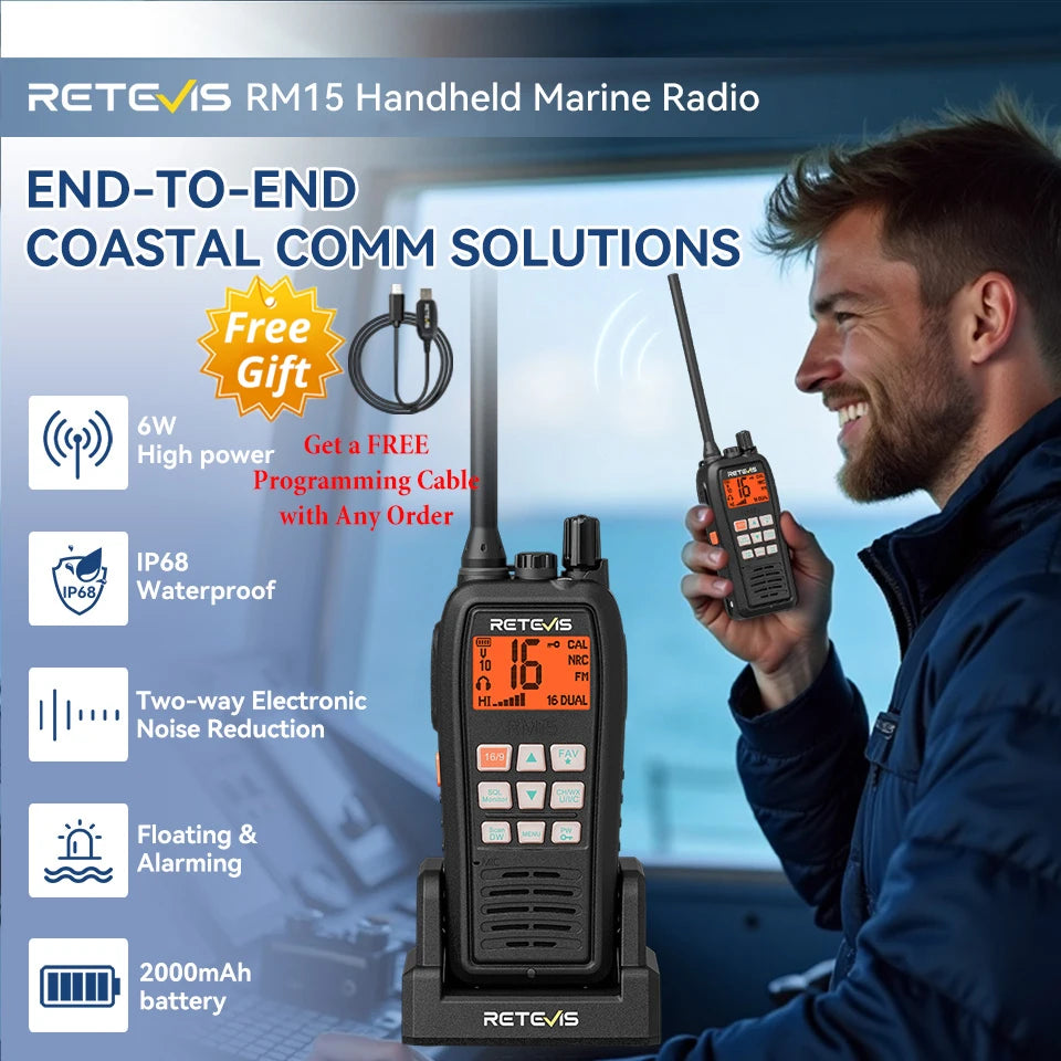Retevis RM15 Marine Radio Transceiver VHF IP68 Waterproof Floating Radio handheld Portable Long Range Walkie Talkies for Boating