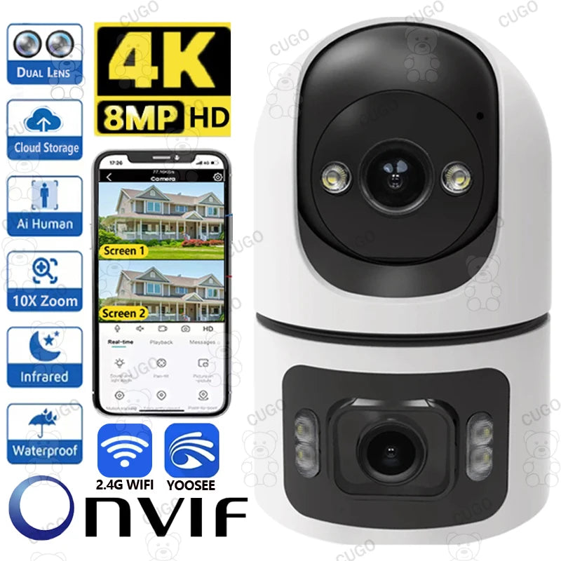 4K 8MP WiFi Surveillance Camera Dual Lens with Adjustable Bracket Two-Way Audio Onvif 10X Zoom Security Wireless Surveillance