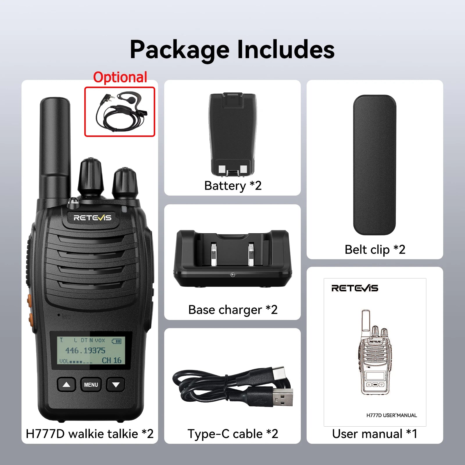 Retevis H777D (H777 Upgraded）Walkie Talkie Portable License Free LCD Display Radio Long Range Type-C Walkie-Talkies for Camping