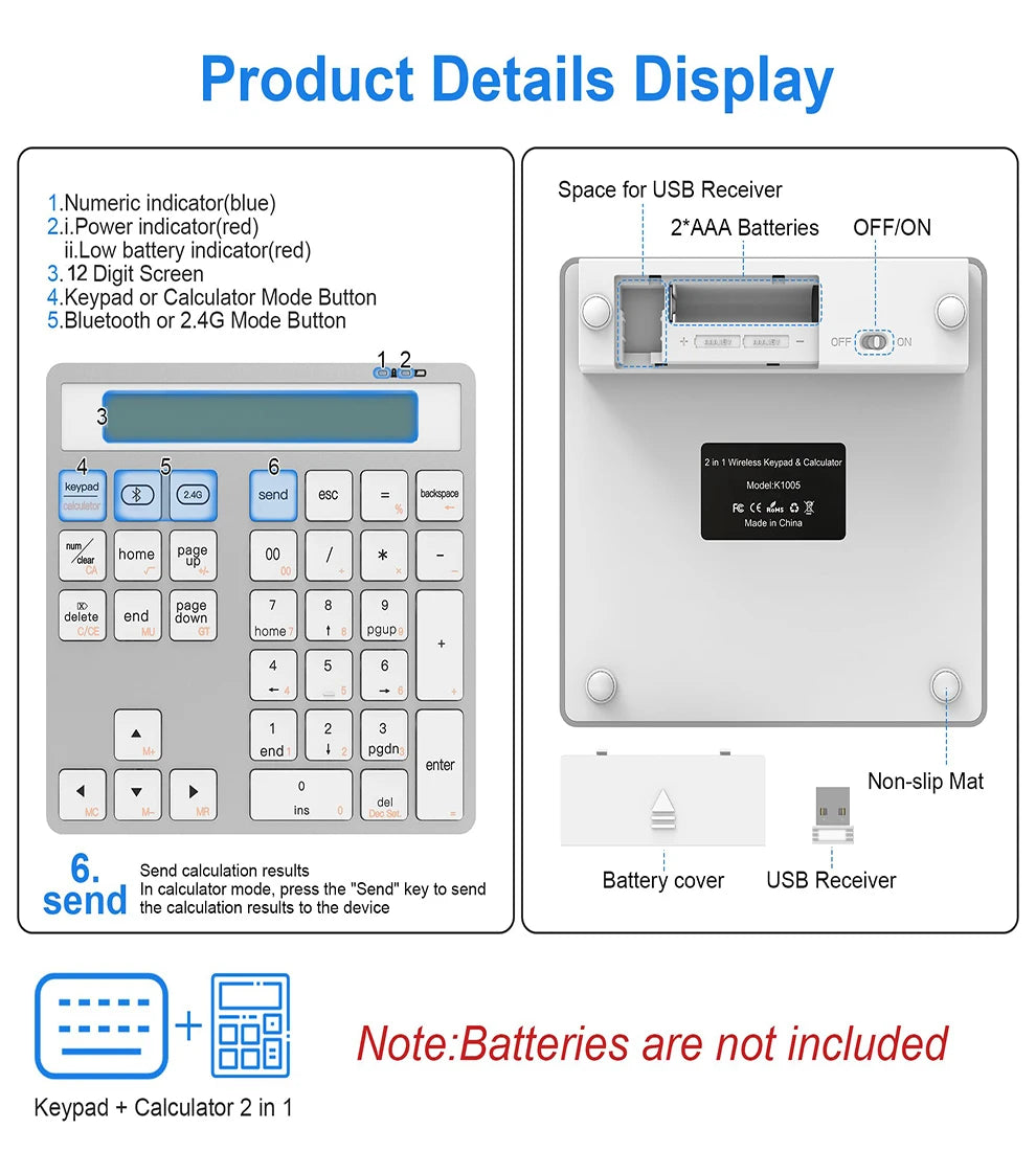 2.4G Wireless Bluetooth Numeric Keyboard with Screen Display Calculator 2 in1 Portable Wireless Number Keypad for Win/Mac