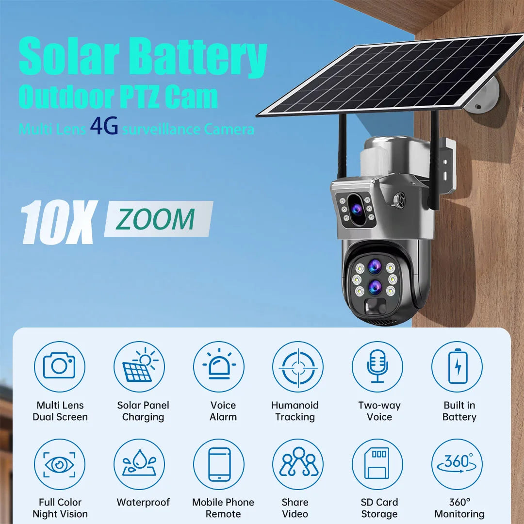 10X Zoom 4G SIM Card Outdoor Solar Camera Three Lens 6K 12MP Wireless PTZ Surveillance CCTV PIR Motion Detection Security Camera