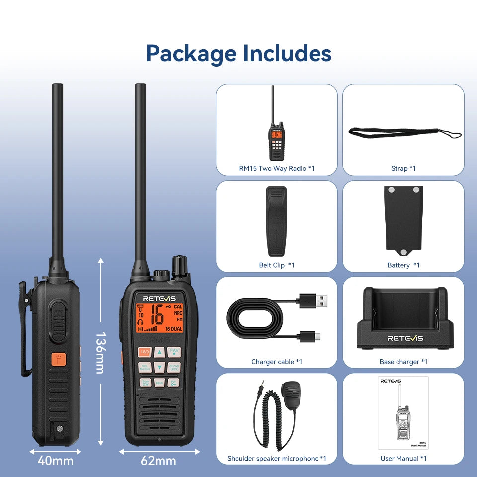 Retevis RM15 Marine Radio Transceiver VHF IP68 Waterproof Floating Radio handheld Portable Long Range Walkie Talkies for Boating