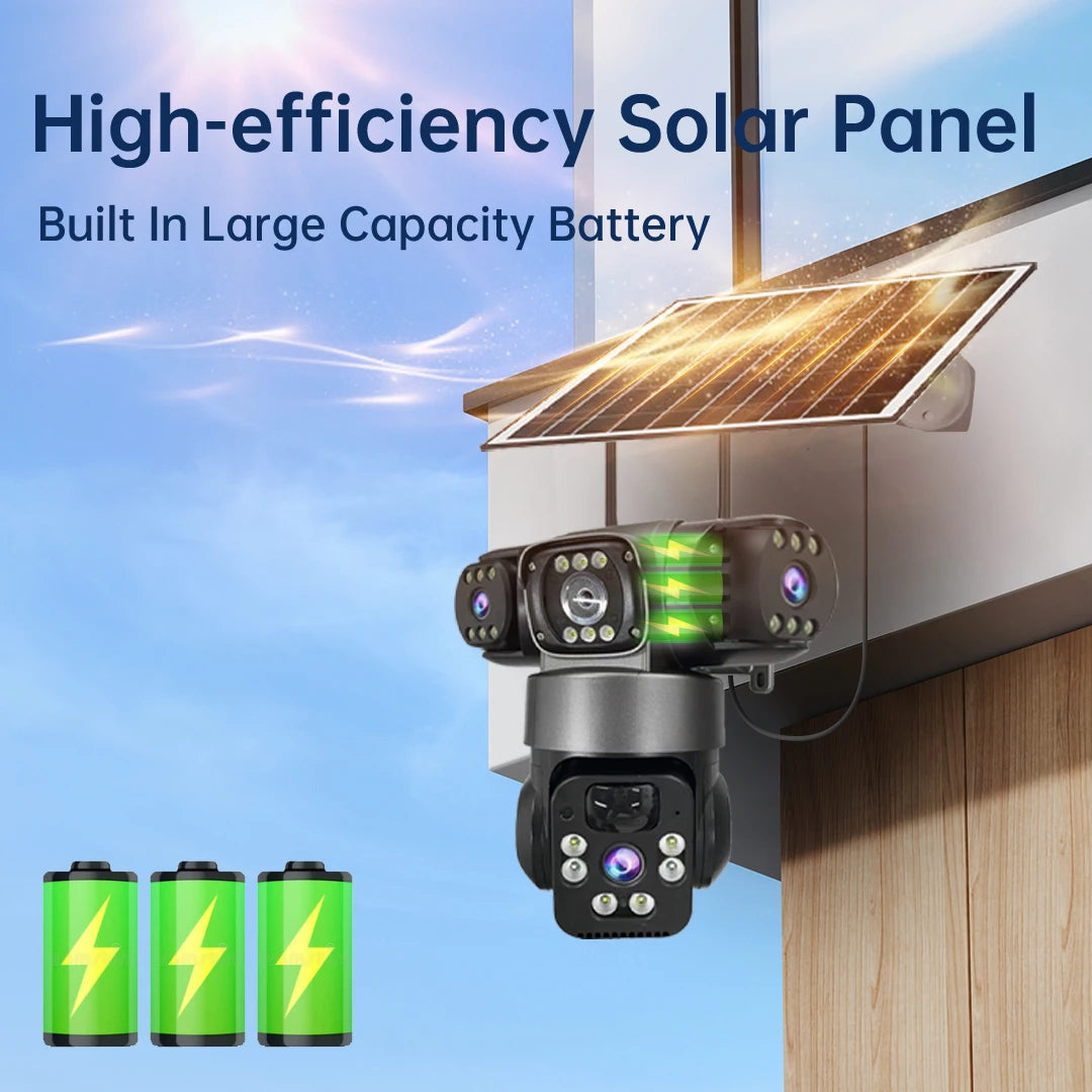 6K 12MP 4G SIM Solar Camera Outdoor 3 Lens 3 Screen Surveillance CCTV PTZ Human Detect Auto Tracking Solar Security Camera V380