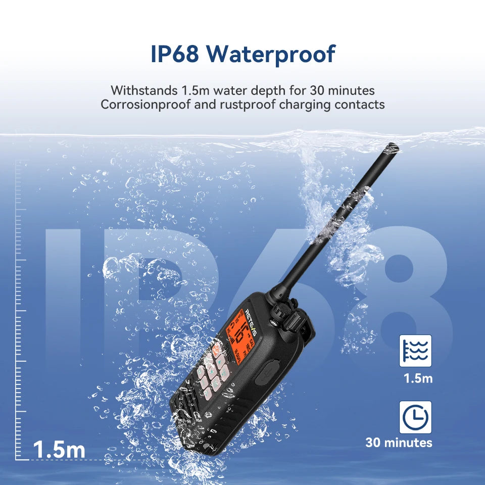 Retevis RM15 Marine Radio Transceiver VHF IP68 Waterproof Floating Radio handheld Portable Long Range Walkie Talkies for Boating