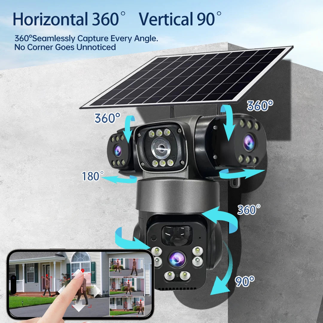6K 12MP 4G SIM Solar Camera Outdoor 3 Lens 3 Screen Surveillance CCTV PTZ Human Detect Auto Tracking Solar Security Camera V380