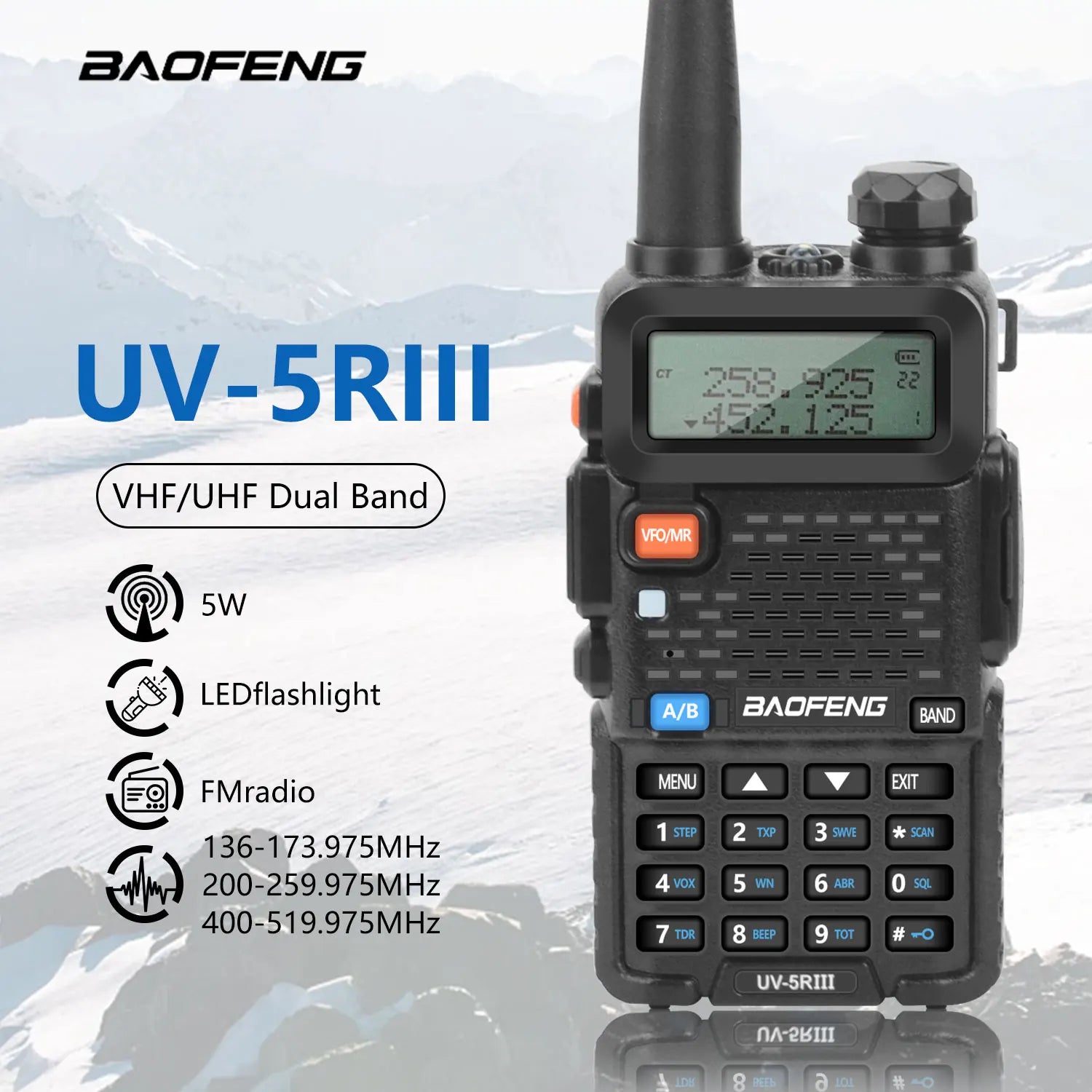 BAOFENG UV-5RIII Walkie Talkie Tri-band 136-174MHz200-260MHz 400-520MHz 128Ch 5W FM VOX Roger Beep
