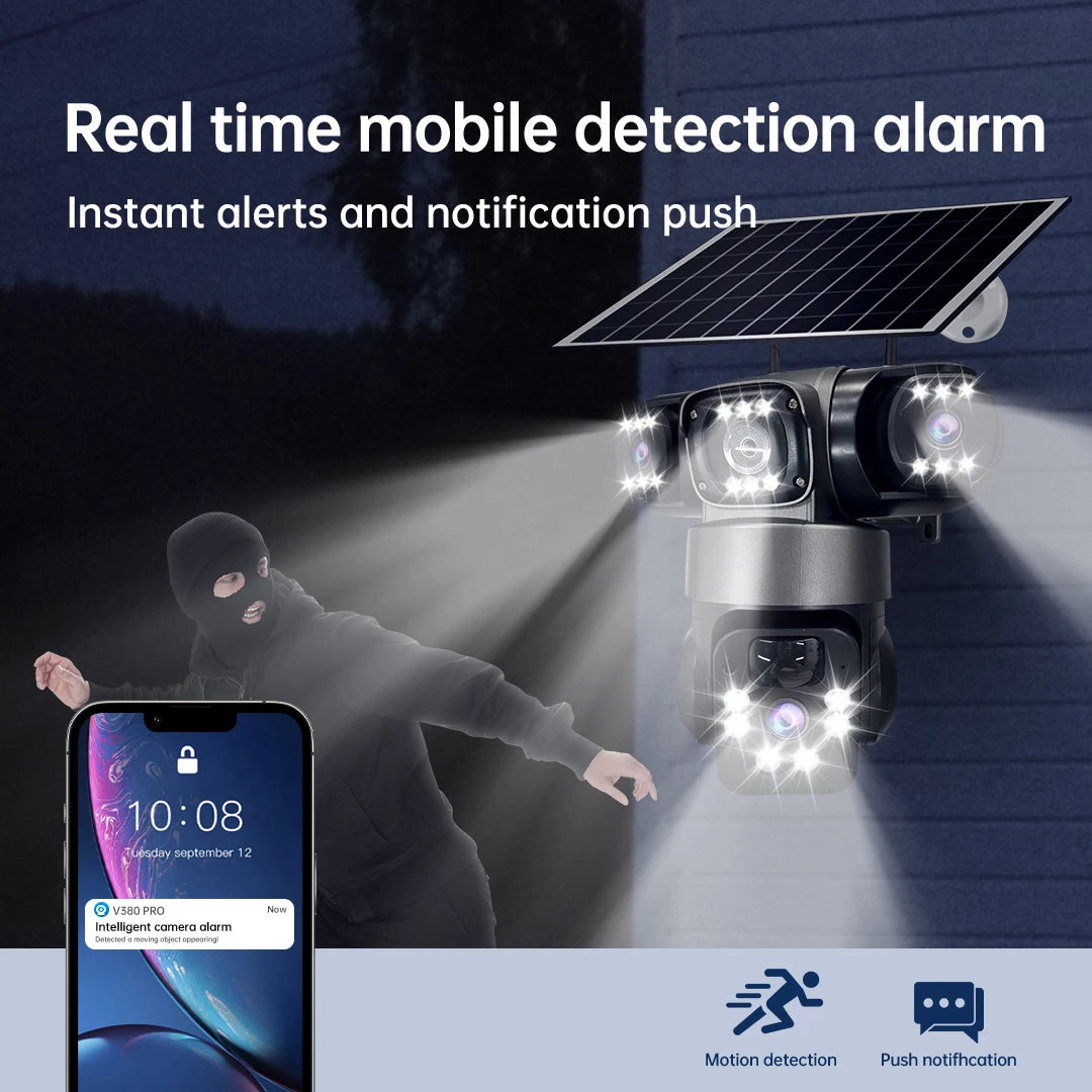 6K 12MP 4G SIM Solar Camera Outdoor 3 Lens 3 Screen Surveillance CCTV PTZ Human Detect Auto Tracking Solar Security Camera V380