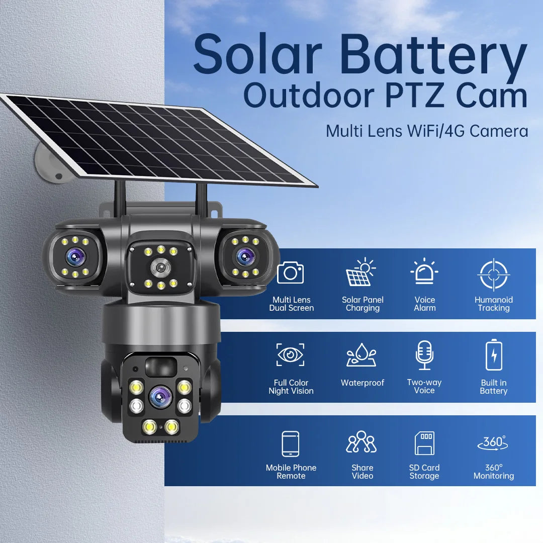 6K 12MP 4G SIM Solar Camera Outdoor 3 Lens 3 Screen Surveillance CCTV PTZ Human Detect Auto Tracking Solar Security Camera V380