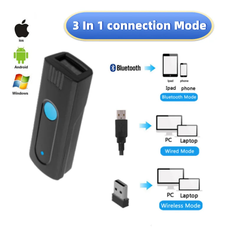 Mini Pocket Barcode Scanner Wireless Bluetooth Instant Upload or storage Mode Optional Support IOS Android Windows System