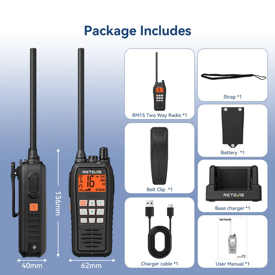 Retevis RM15 Marine Radio Transceiver VHF IP68 Waterproof Floating Radio handheld Portable Long Range Walkie Talkies for Boating