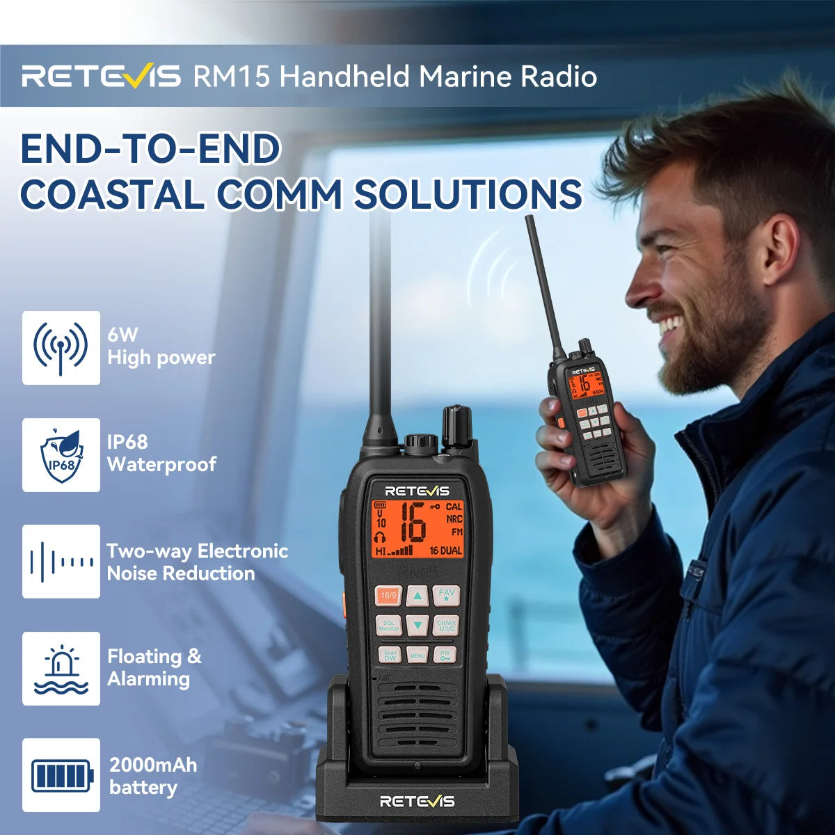 Retevis RM15 Marine Radio Transceiver VHF IP68 Waterproof Floating Radio handheld Portable Long Range Walkie Talkies for Boating