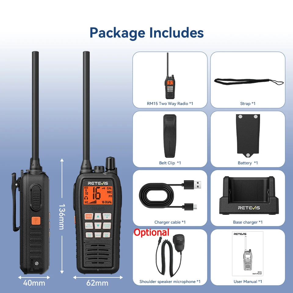 Retevis RM15 Marine Radio Transceiver VHF IP68 Waterproof Floating Radio handheld Portable Long Range Walkie Talkies for Boating