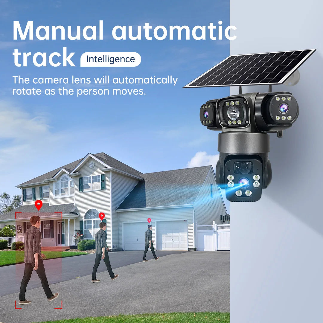 6K 12MP 4G SIM Solar Camera Outdoor 3 Lens 3 Screen Surveillance CCTV PTZ Human Detect Auto Tracking Solar Security Camera V380