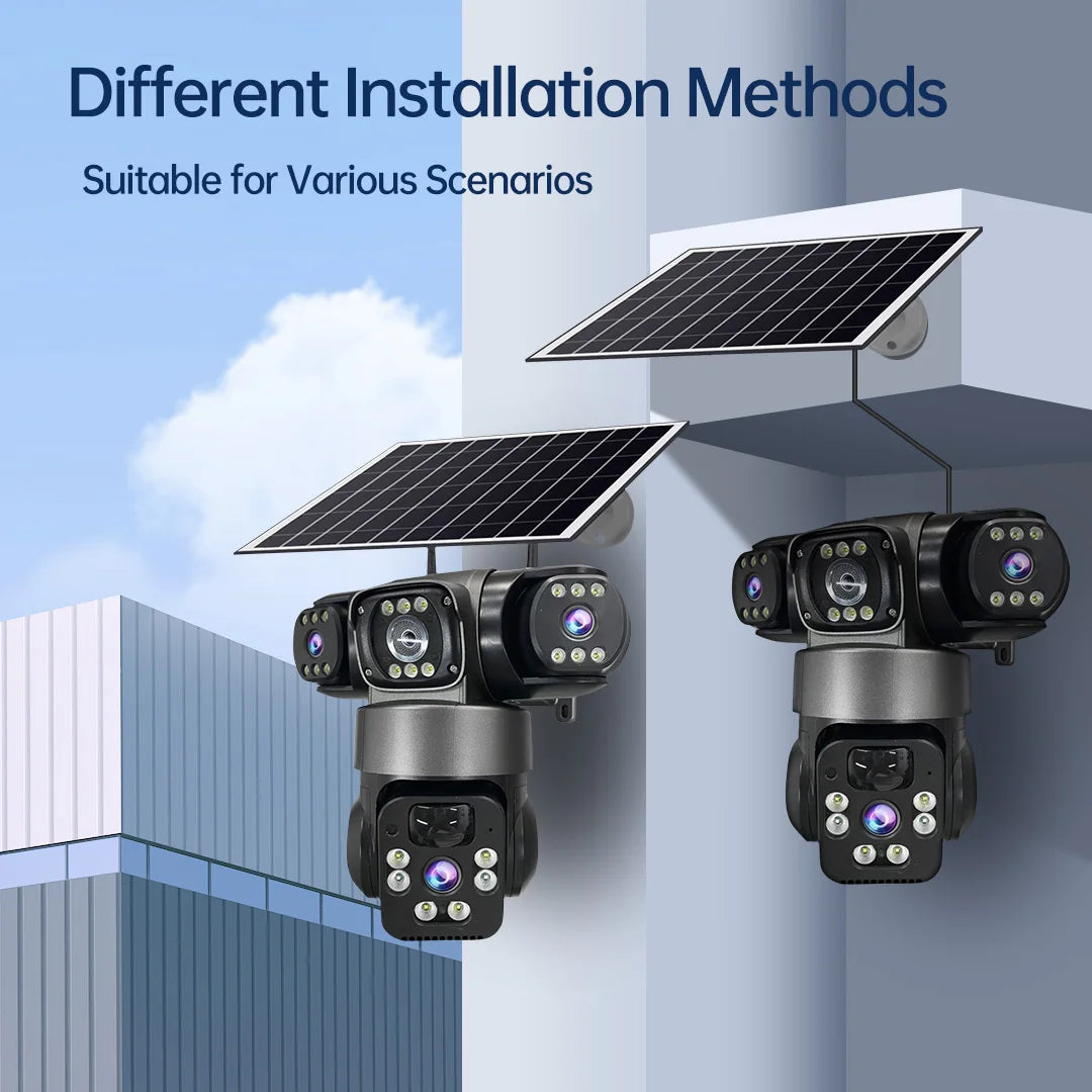 6K 12MP 4G SIM Solar Camera Outdoor 3 Lens 3 Screen Surveillance CCTV PTZ Human Detect Auto Tracking Solar Security Camera V380