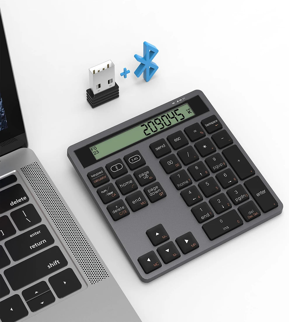 2.4G Wireless Bluetooth Numeric Keyboard with Screen Display Calculator 2 in1 Portable Wireless Number Keypad for Win/Mac