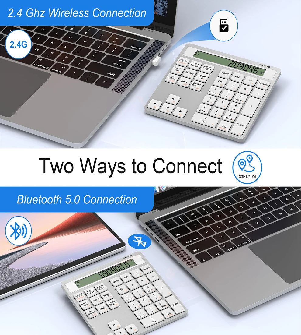 2.4G Wireless Bluetooth Numeric Keyboard with Screen Display Calculator 2 in1 Portable Wireless Number Keypad for Win/Mac