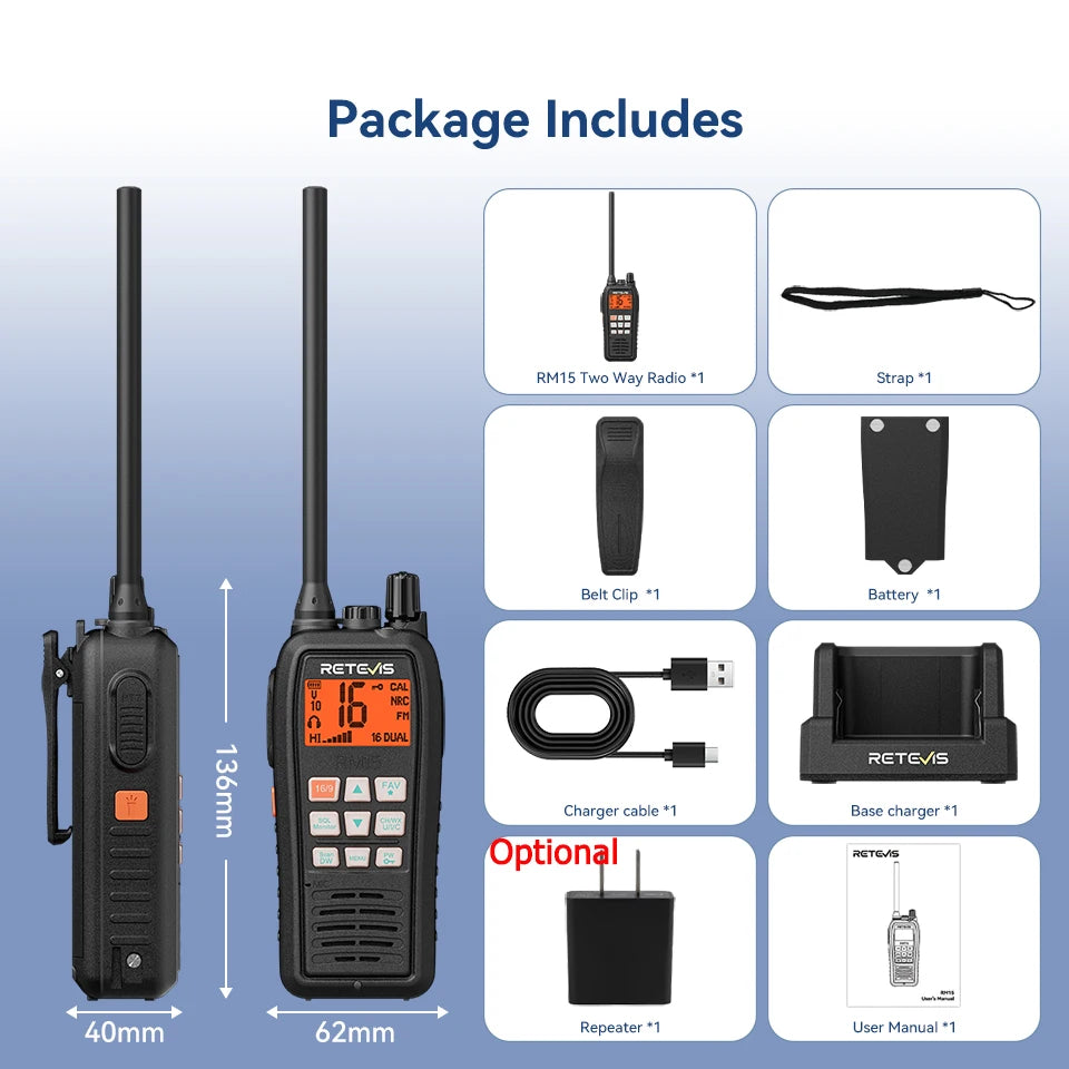 Retevis RM15 Marine Radio Transceiver VHF IP68 Waterproof Floating Radio handheld Portable Long Range Walkie Talkies for Boating