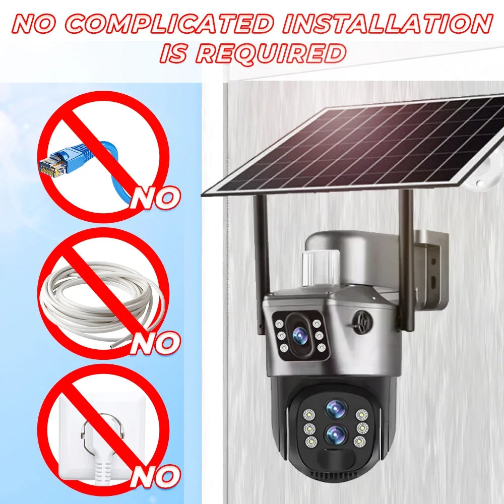 10X Zoom 4G SIM Card Outdoor Solar Camera Three Lens 6K 12MP Wireless PTZ Surveillance CCTV PIR Motion Detection Security Camera