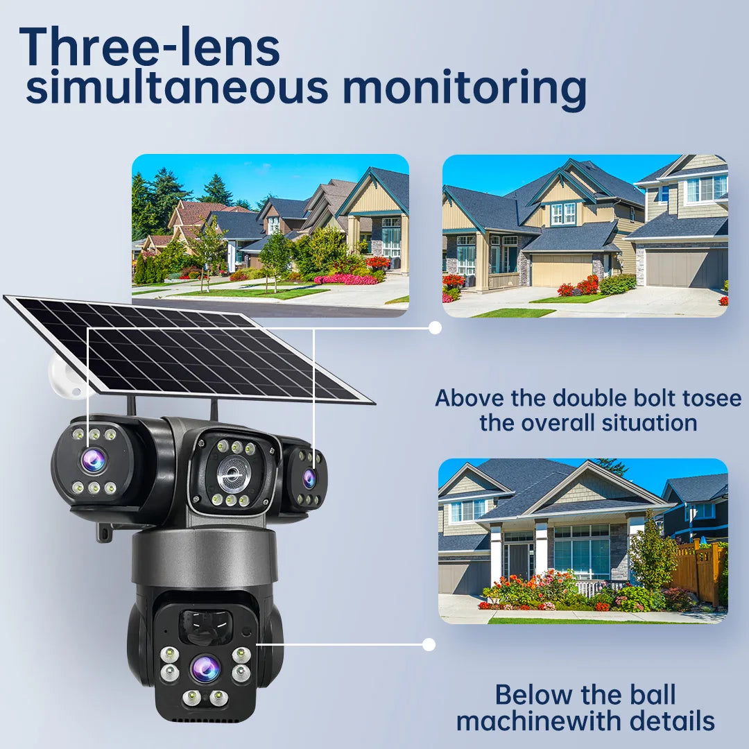 6K 12MP 4G SIM Solar Camera Outdoor 3 Lens 3 Screen Surveillance CCTV PTZ Human Detect Auto Tracking Solar Security Camera V380