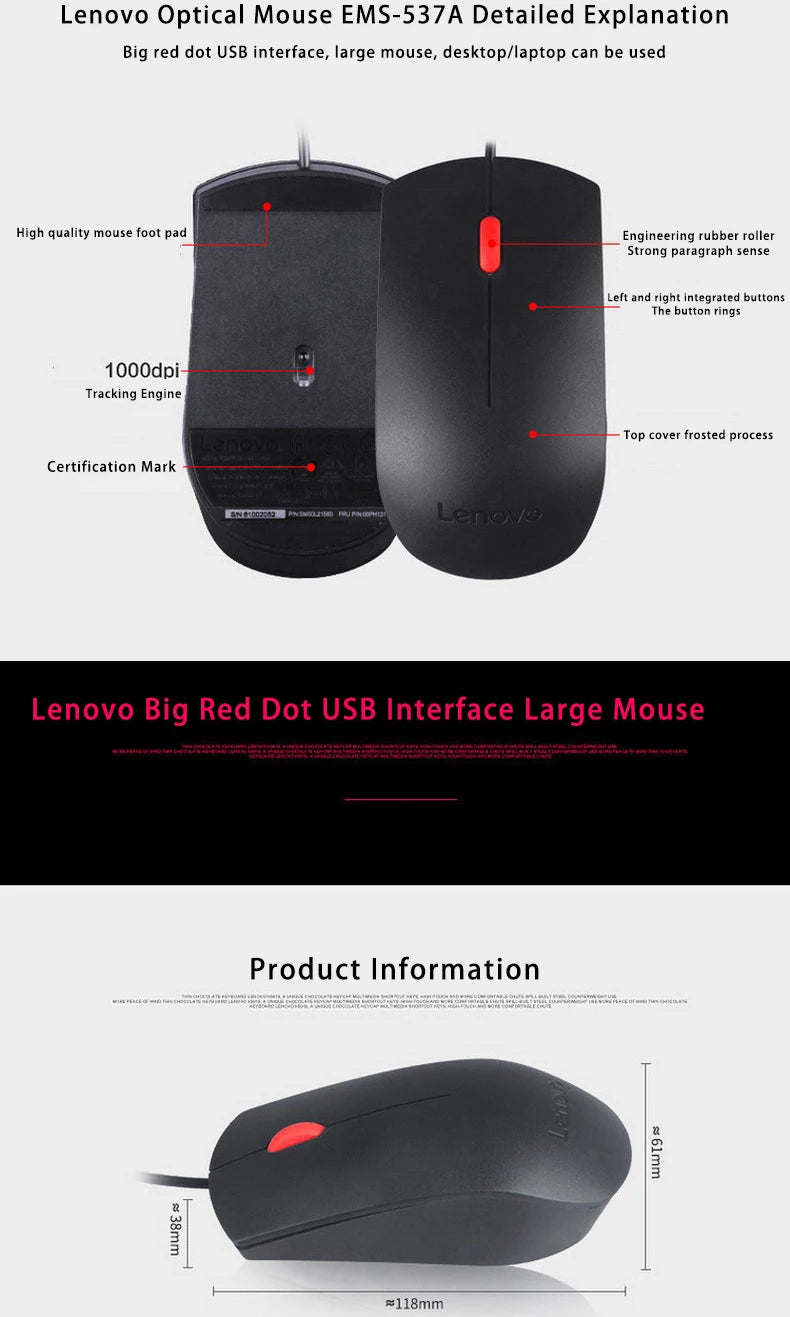 Mouse Lenovo Mouse Ems-537A Wired Mouse Office Mouse Black
