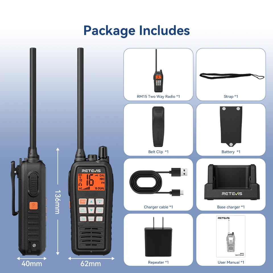 Retevis RM15 Marine Radio Transceiver VHF IP68 Waterproof Floating Radio handheld Portable Long Range Walkie Talkies for Boating