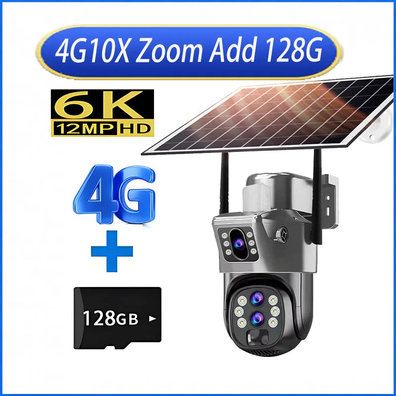 10X Zoom 4G SIM Card Outdoor Solar Camera Three Lens 6K 12MP Wireless PTZ Surveillance CCTV PIR Motion Detection Security Camera