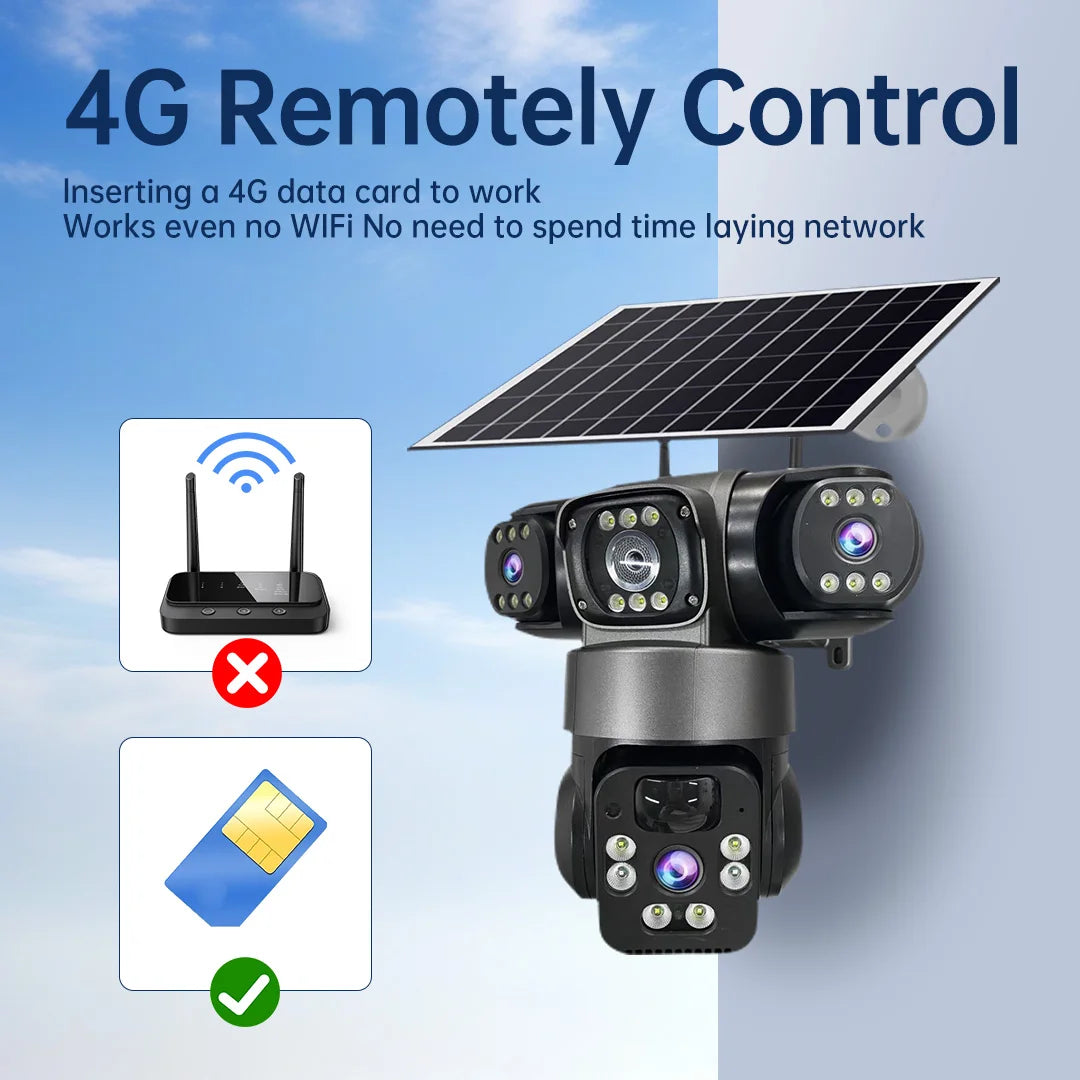 6K 12MP 4G SIM Solar Camera Outdoor 3 Lens 3 Screen Surveillance CCTV PTZ Human Detect Auto Tracking Solar Security Camera V380