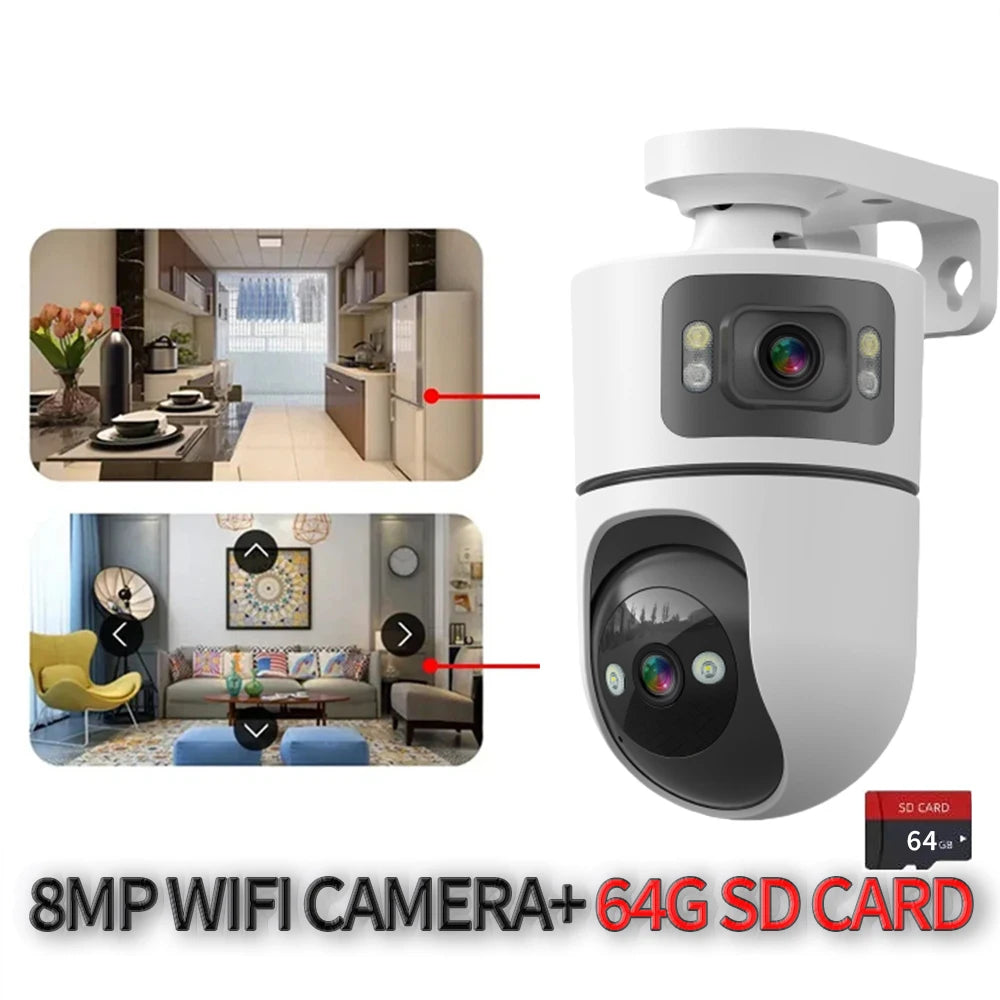 4K 8MP WiFi Surveillance Camera Dual Lens with Adjustable Bracket Two-Way Audio Onvif 10X Zoom Security Wireless Surveillance