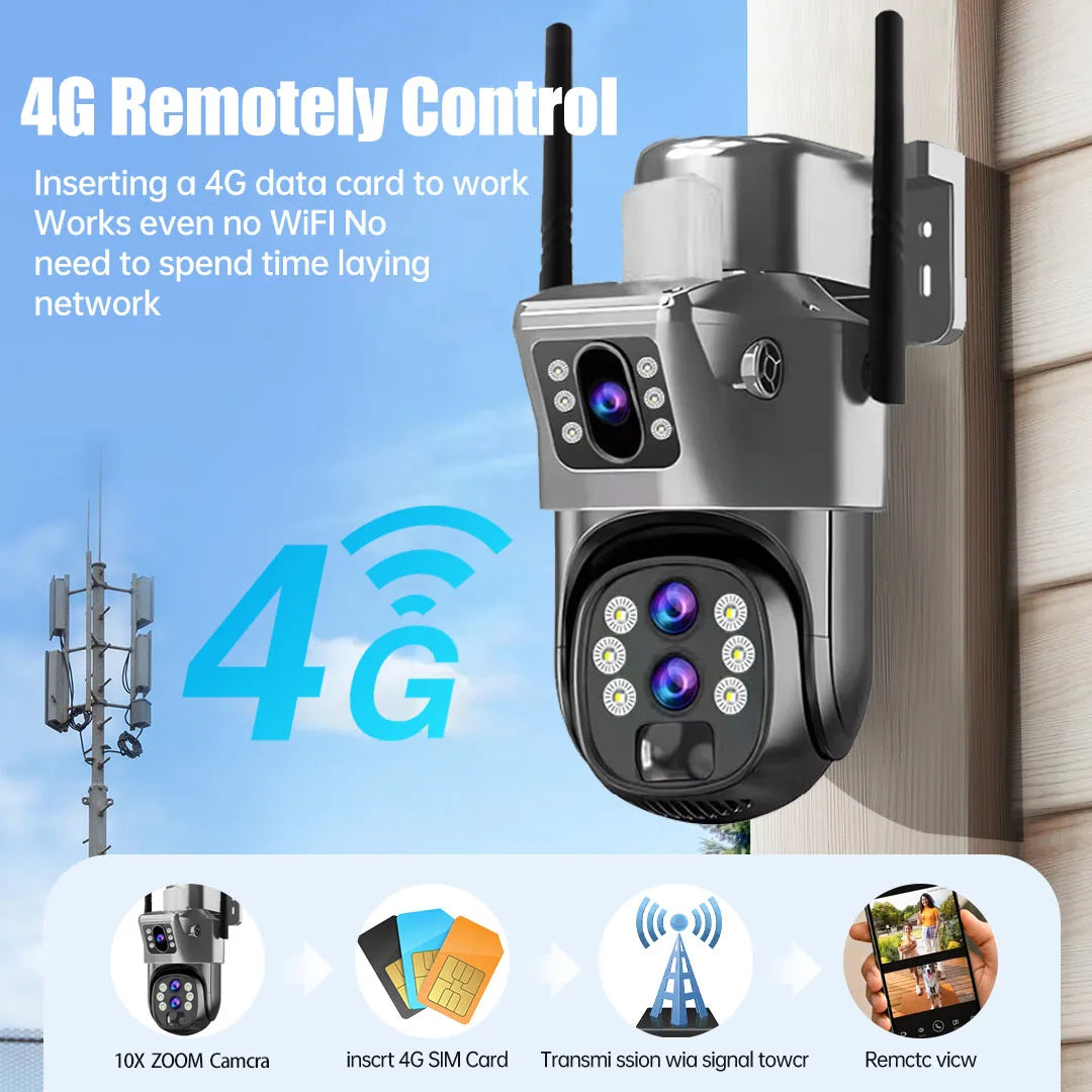 10X Zoom 4G SIM Card Outdoor Solar Camera Three Lens 6K 12MP Wireless PTZ Surveillance CCTV PIR Motion Detection Security Camera