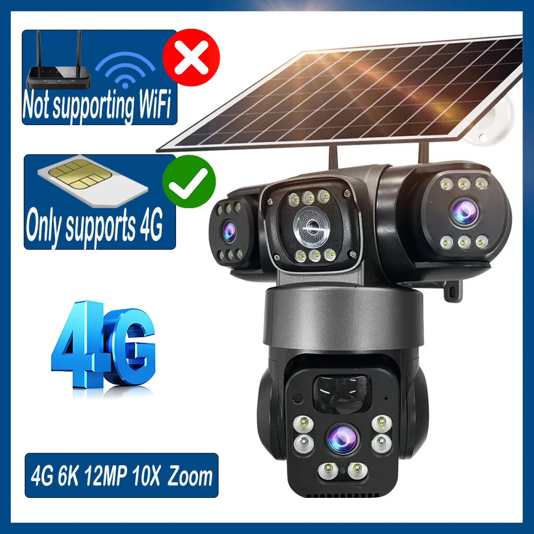 6K 12MP 4G SIM Solar Camera Outdoor 3 Lens 3 Screen Surveillance CCTV PTZ Human Detect Auto Tracking Solar Security Camera V380