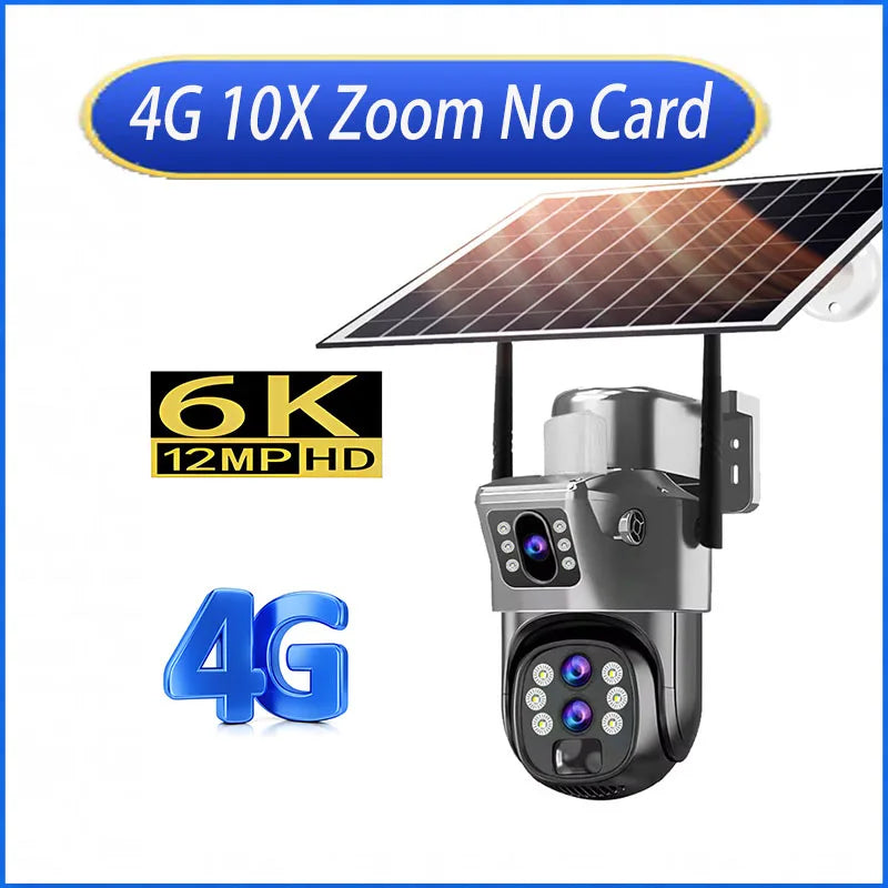 10X Zoom 4G SIM Card Outdoor Solar Camera Three Lens 6K 12MP Wireless PTZ Surveillance CCTV PIR Motion Detection Security Camera